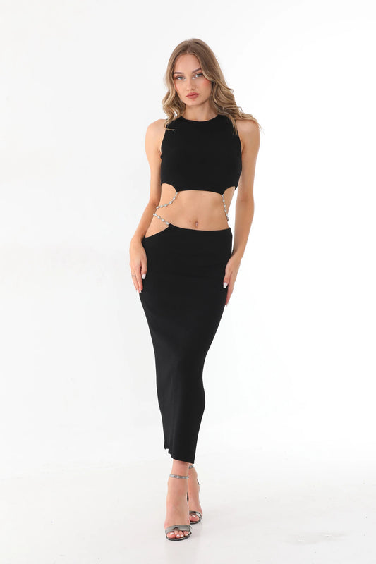 Women Black Cut-Out Crop Top with Crystal Chain Detail | Yildiz