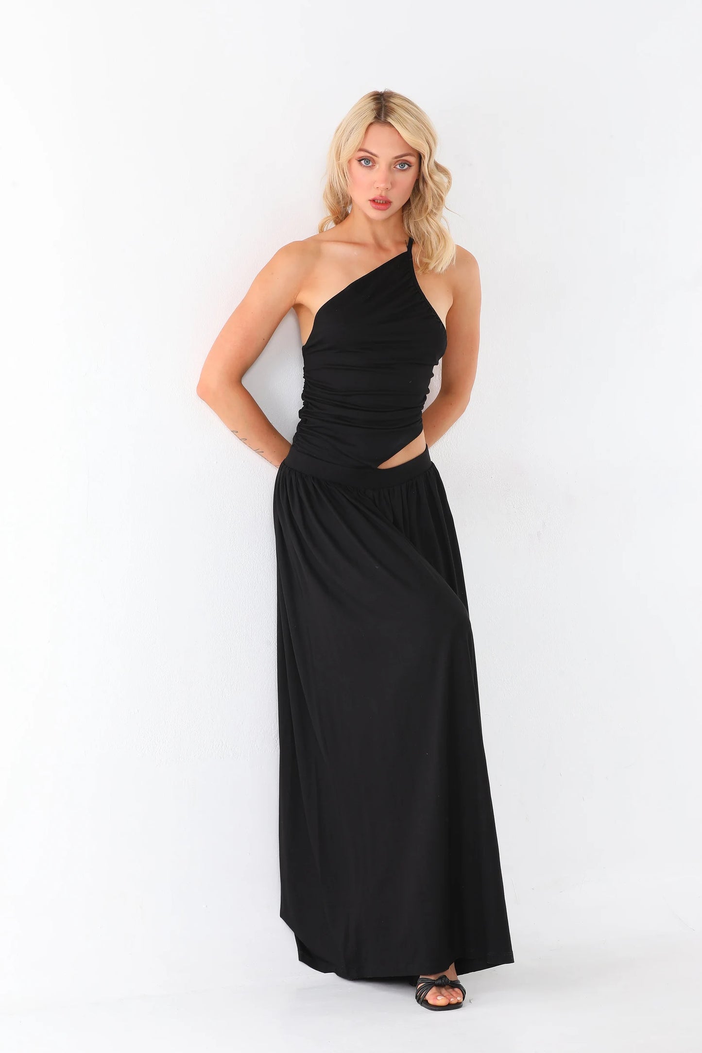 Women One Shoulder Black Maxi Dress | Ruched Bodice & Side Cut-Out | 2026