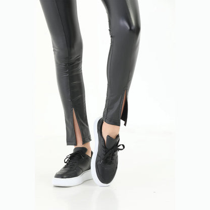 Women's Black Leather Pants with Slit Hem Skinny Fit | Yildiz Studio
