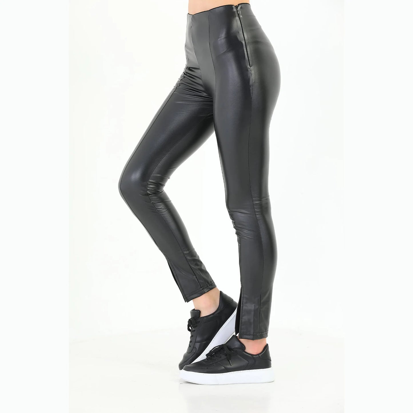 Women's Black Leather Pants with Slit Hem Skinny Fit | Yildiz Studio