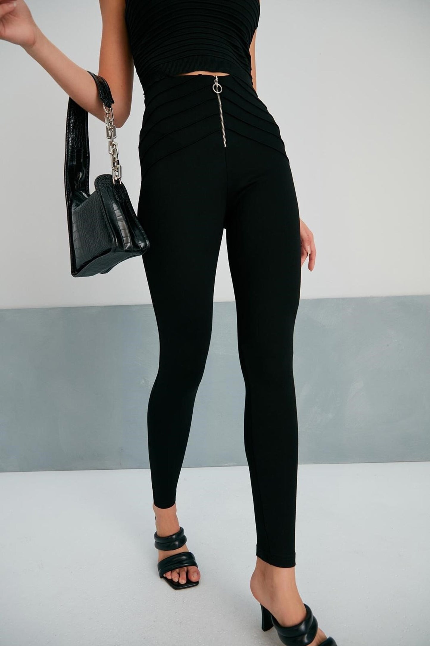 Women's High-Waist Corset Style Leggings | Silver Zip Detail | Yildiz Studio
