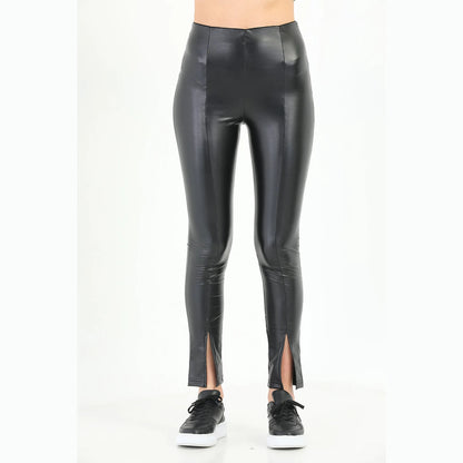 Women's Black Leather Pants with Slit Hem Skinny Fit | Yildiz Studio