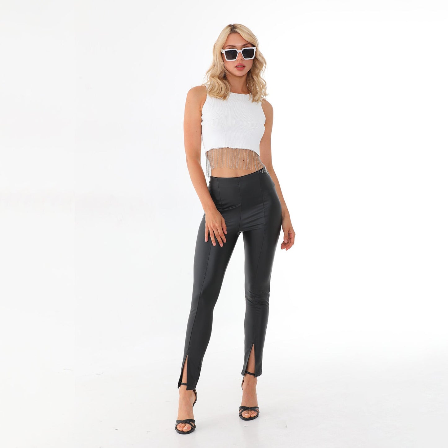 Women's Tassel Chain Hem Crop Top – Sleeveless Fitted Ribbed Fringe Party Top
