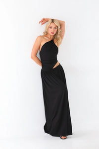 Women  One Shoulder Black Maxi Dress | Ruched Bodice & Side Cut-Out | 2026