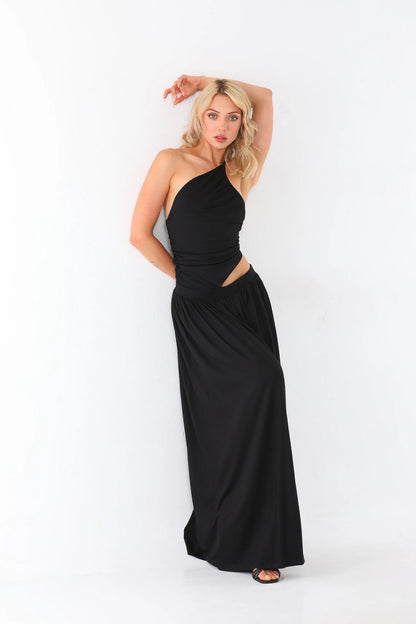 Women  One Shoulder Black Maxi Dress | Ruched Bodice & Side Cut-Out | 2026