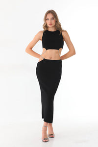 Women's Black Midi Skirt with Crystal Chain Waist Detail | Elegant Bodycon Skirt – Yildiz