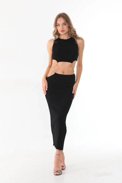 Black Cut-Out Maxi Dress with Crystal Chain Detail | Sleeveless Two-Piece Set