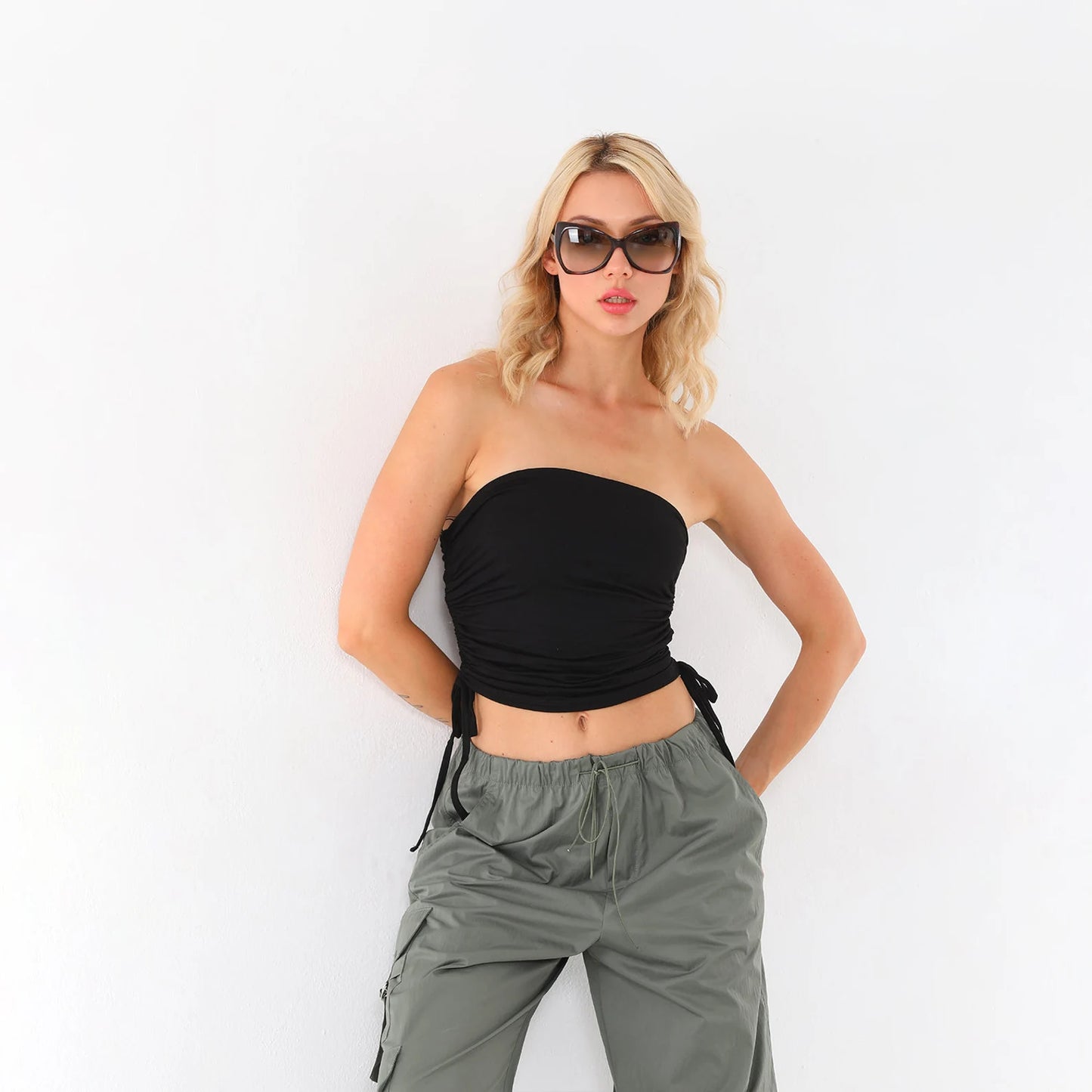 Women's Strapless Bandeau Crop Top – Ruched Drawstring Side Tie Tube Top