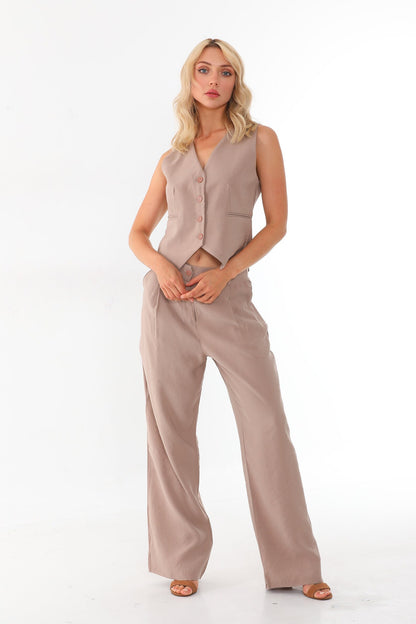 Women's Sleeveless V-Neck Tailored Blazer Vest | Elegant Beige Crop Blazer