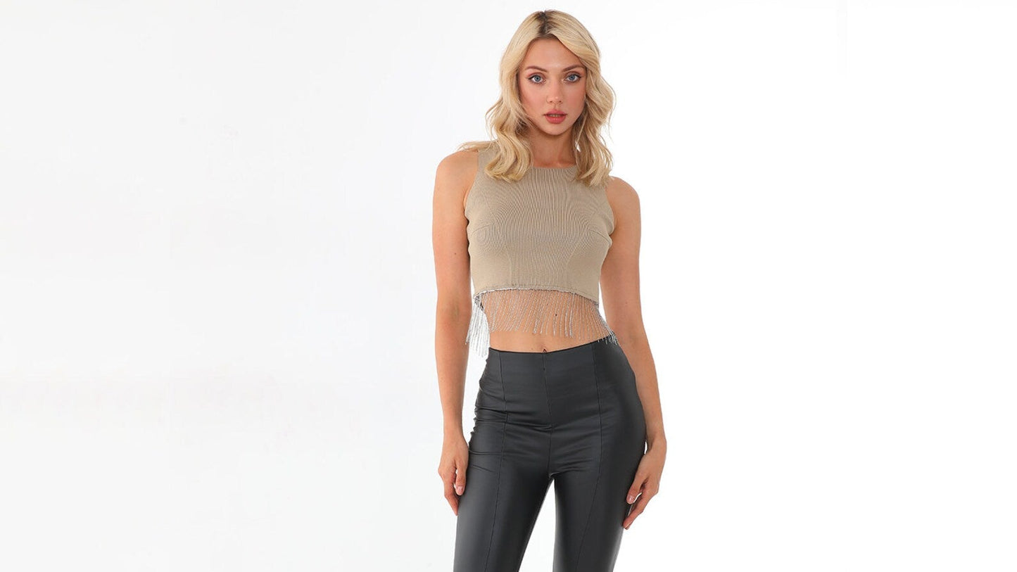 Women's Tassel Chain Hem Crop Top – Sleeveless Fitted Ribbed Fringe Party Top