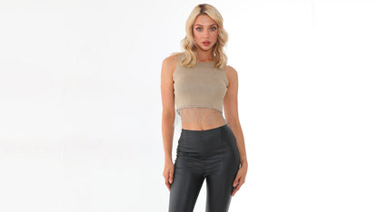 Women's Tassel Chain Hem Crop Top – Sleeveless Fitted Ribbed Fringe Party Top