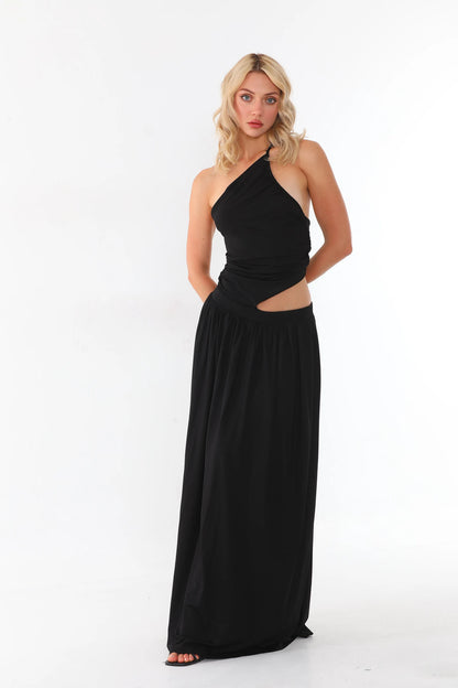 Women  One Shoulder Black Maxi Dress | Ruched Bodice & Side Cut-Out | 2026