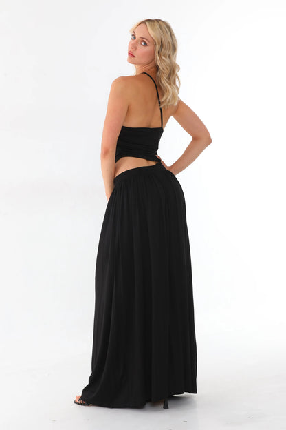 Women  One Shoulder Black Maxi Dress | Ruched Bodice & Side Cut-Out | 2026
