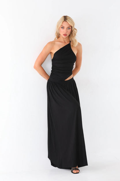Women  One Shoulder Black Maxi Dress | Ruched Bodice & Side Cut-Out | 2026