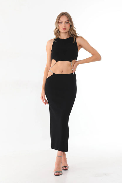 Black Cut-Out Maxi Dress with Crystal Chain Detail | Sleeveless Two-Piece Set