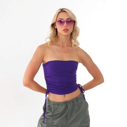 Women's Strapless Bandeau Crop Top – Ruched Drawstring Side Tie Tube Top