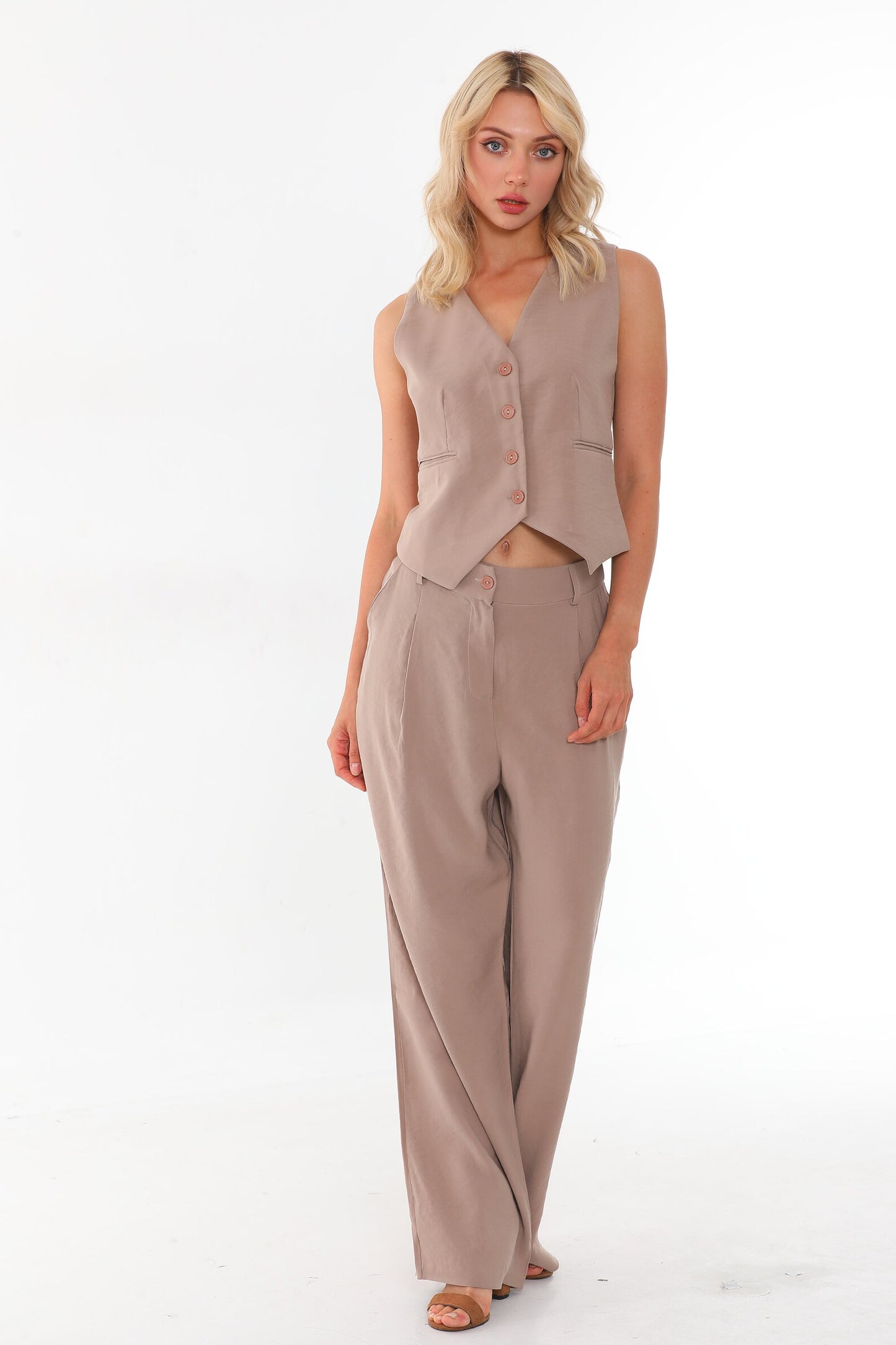Women's Sleeveless V-Neck Tailored Blazer Vest | Elegant Beige Crop Blazer
