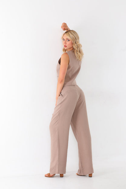 Women's Sleeveless V-Neck Tailored Blazer Vest | Elegant Beige Crop Blazer