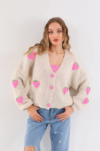 Cute Strawberry Patch Knit Cardigan – Women's Oversized V-Neck Button Down Sweater