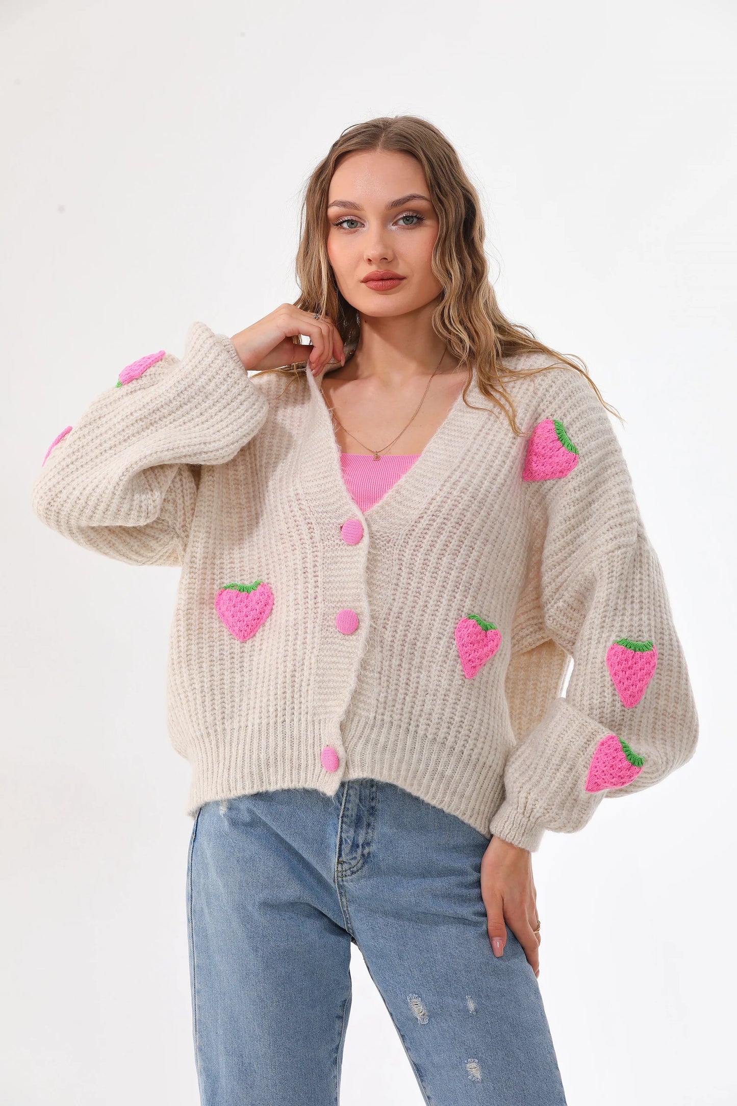 Cute Strawberry Patch Knit Cardigan – Women's Oversized V-Neck Button Down Sweater
