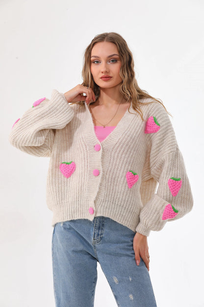 Cute Strawberry Patch Knit Cardigan – Women's Oversized V-Neck Button Down Sweater