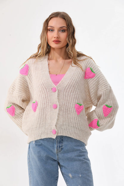 Cute Strawberry Patch Knit Cardigan – Women's Oversized V-Neck Button Down Sweater