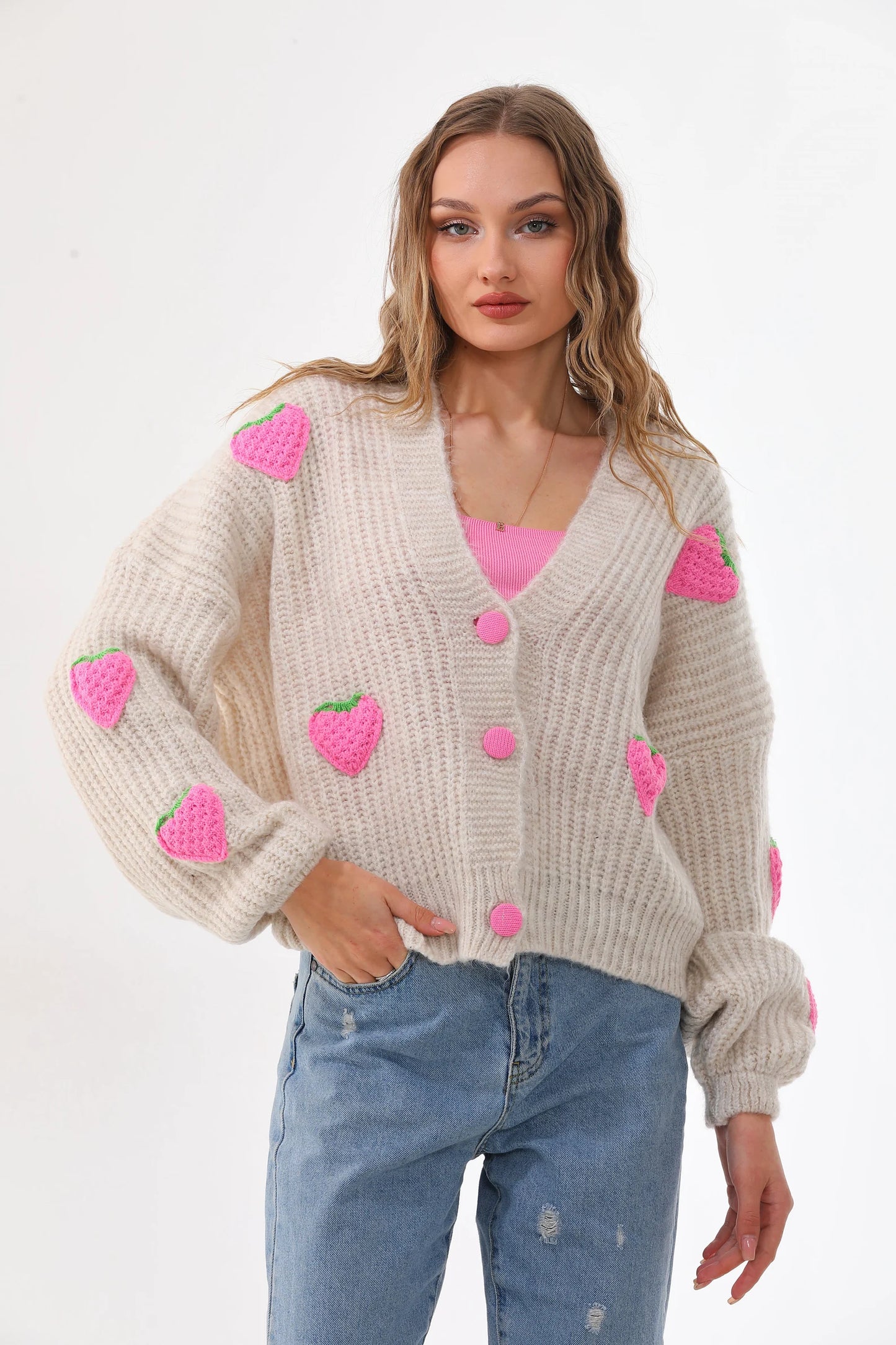 Cute Strawberry Patch Knit Cardigan – Women's Oversized V-Neck Button Down Sweater