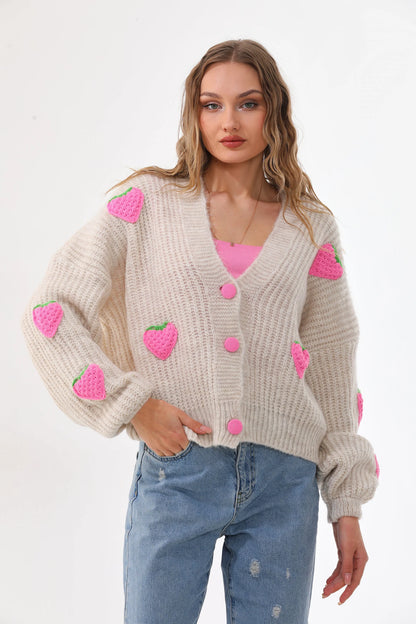 Cute Strawberry Patch Knit Cardigan – Women's Oversized V-Neck Button Down Sweater