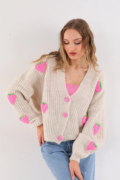 Cute Strawberry Patch Knit Cardigan – Women's Oversized V-Neck Button Down Sweater