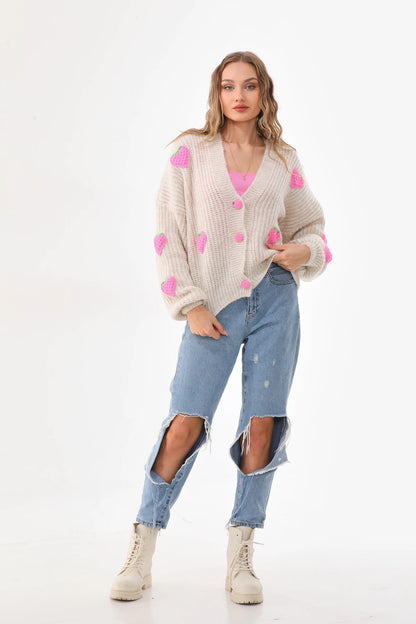 Cute Strawberry Patch Knit Cardigan – Women's Oversized V-Neck Button Down Sweater