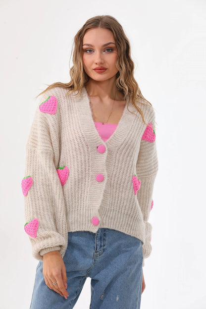 Cute Strawberry Patch Knit Cardigan – Women's Oversized V-Neck Button Down Sweater