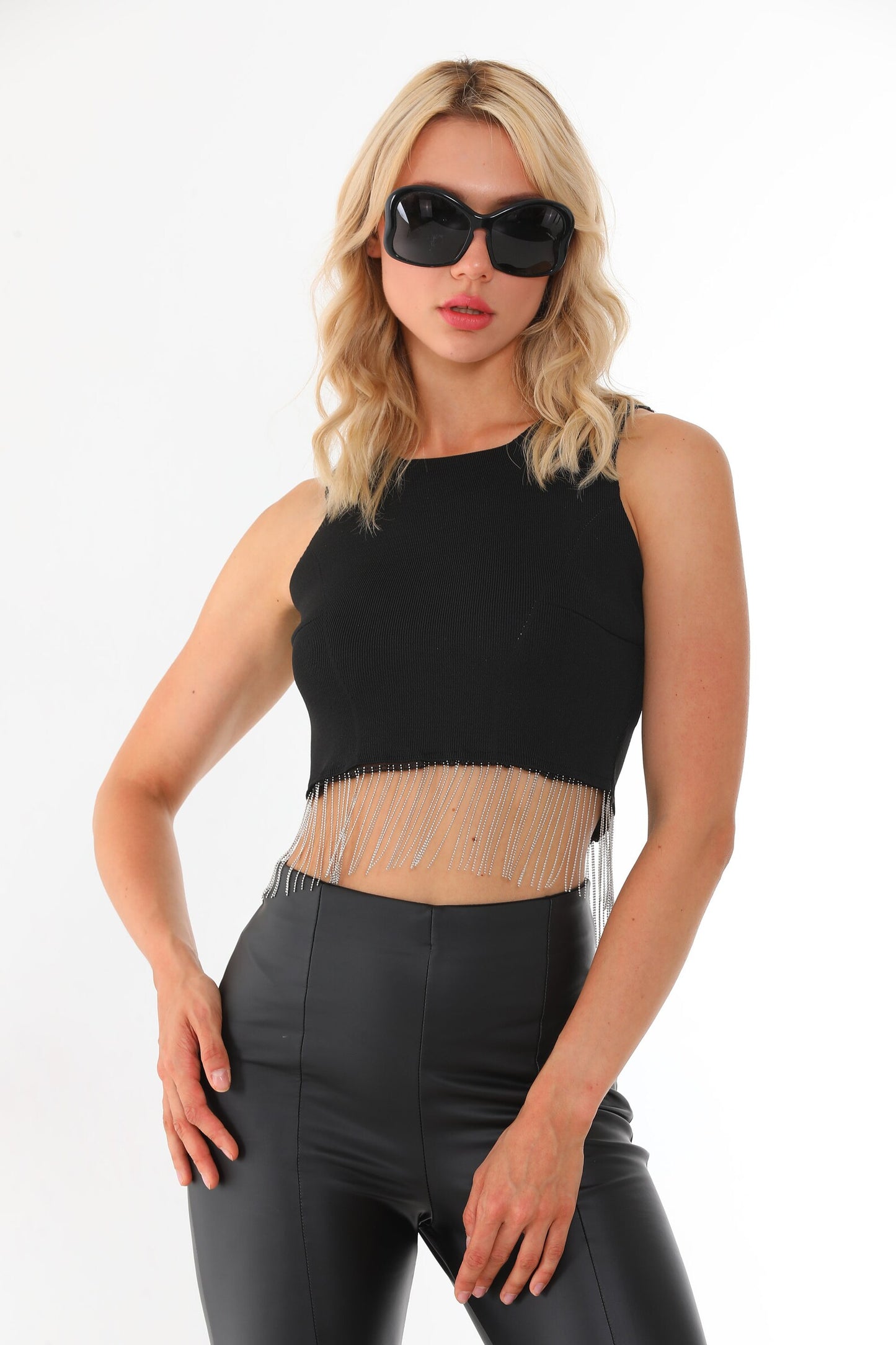 Women's Tassel Chain Hem Crop Top – Sleeveless Fitted Ribbed Fringe Party Top